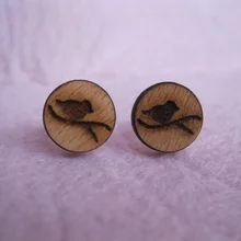 Лазерная гравировка птица остановка на простой ветке дерева серьги гвоздики