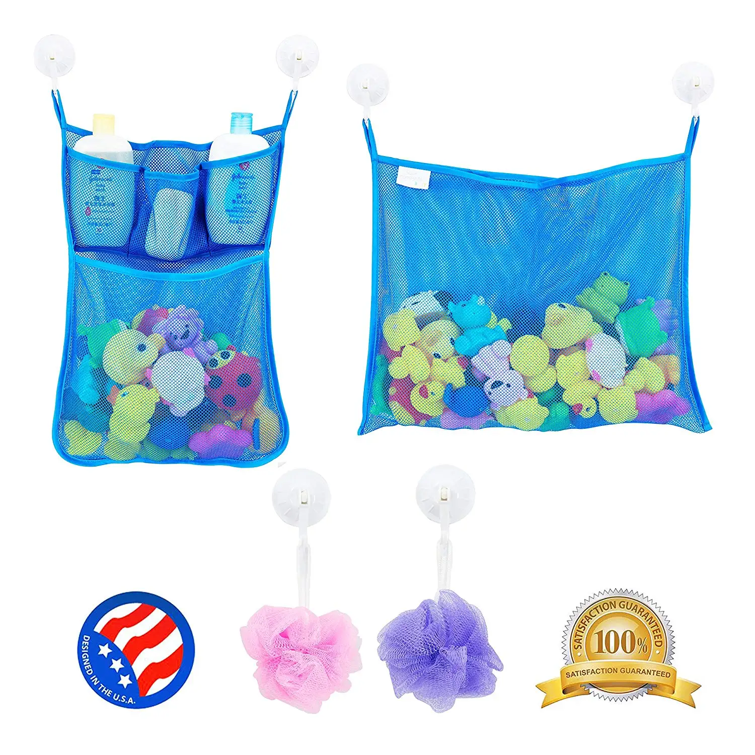 

2 x Mesh Bath Toy Organizer + Strong Hooks Bathtub Toys & Bathroom Storage Multi-Use Organizer Bags