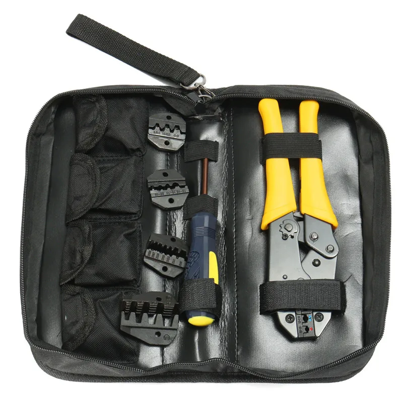 

Insulated Terminals Ferrules Crimping Carbon Pliers Ratcheting Crimper Tool+5 Interchangeable Tips+Screwdriver+Black Storage Bag