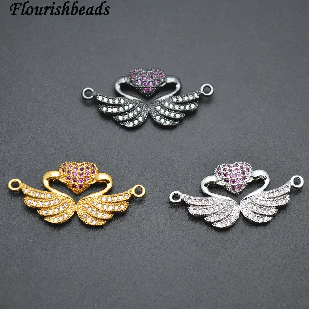 Cute Double Swan Metal Heart Charm Pendant Two Loops Jewelry Connectors