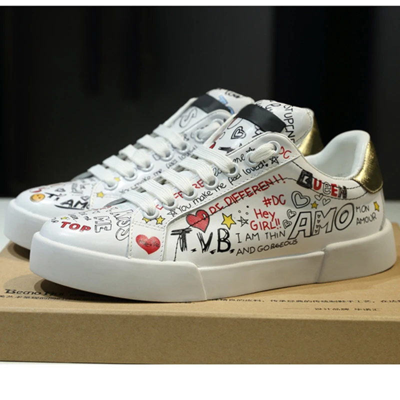 Sapato Grande Lady Marque Dessinée Luxe Tennis En Cuir Femmes Chaussures Feminino Taille Graffiti Bande Plates De 42 Véritable Sneakers pfxPpS