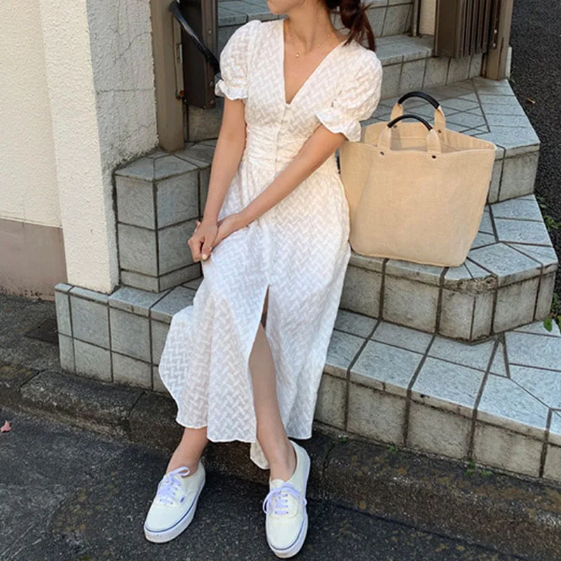

Sexy Summer Dress 2019 Split Deep V-neck Tunic Button Vintage Korean Casual Beach Party White Dress Elegant Plus Size Vestidos