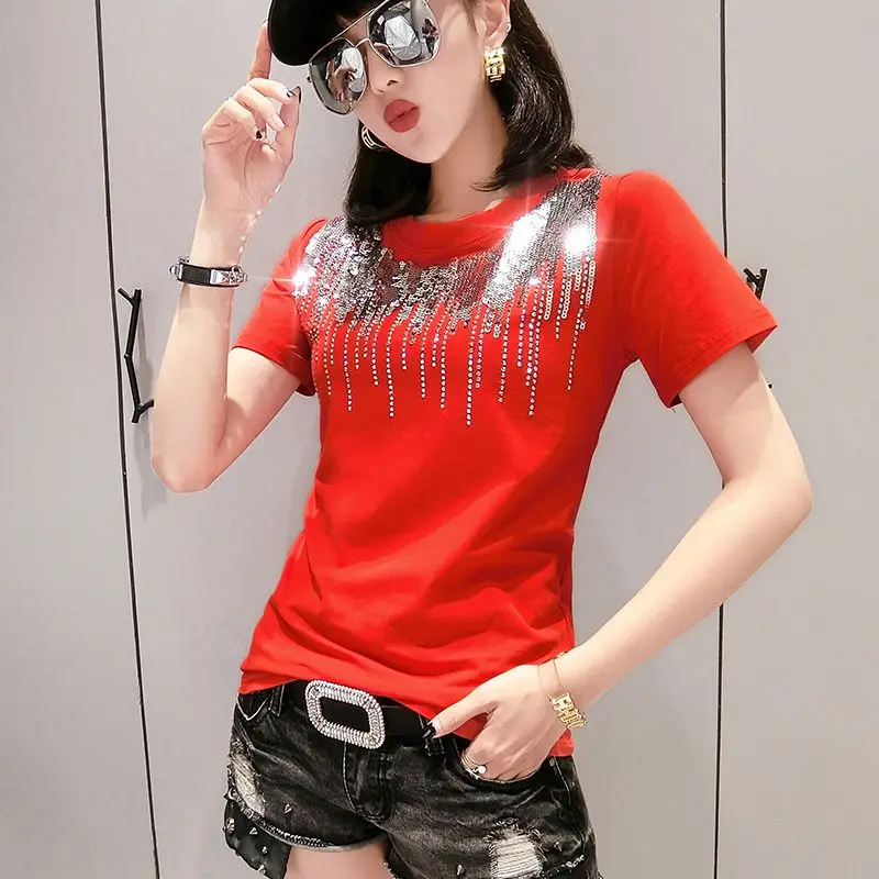 Корейская футболка с круглым вырезом и блестками, украшенная бриллиантами, лето, Офисная Женская хлопковая Повседневная футболка, черная, белая, T95108L - Цвет: Red tshirt