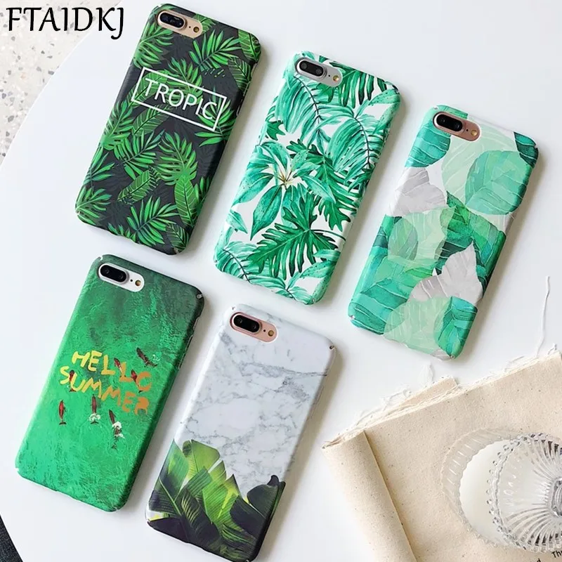 

FTAIDKJ Fashion Retro Summer Plant Leaf Hard Case For iPhone X 10 7 8 Tropical Green Leaves Back Cover For iPhone 6 6S Plus Capa