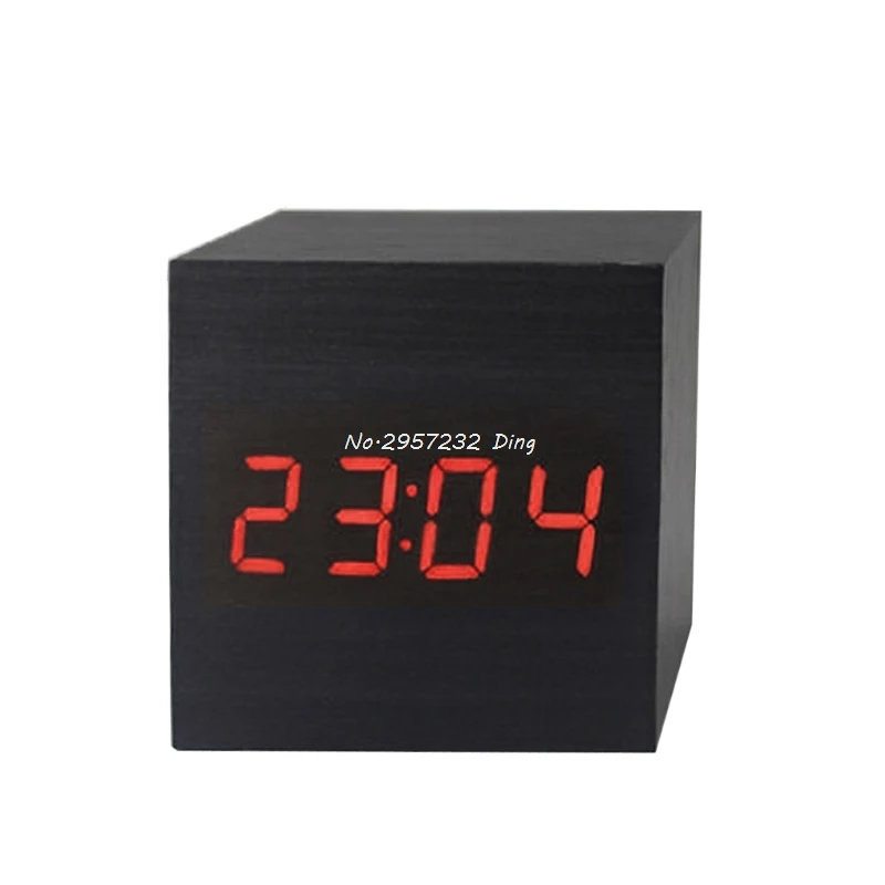 Cube LED Wooden Alarm Clock Sound Control Square Table Digital Thermometer Clock CHE9