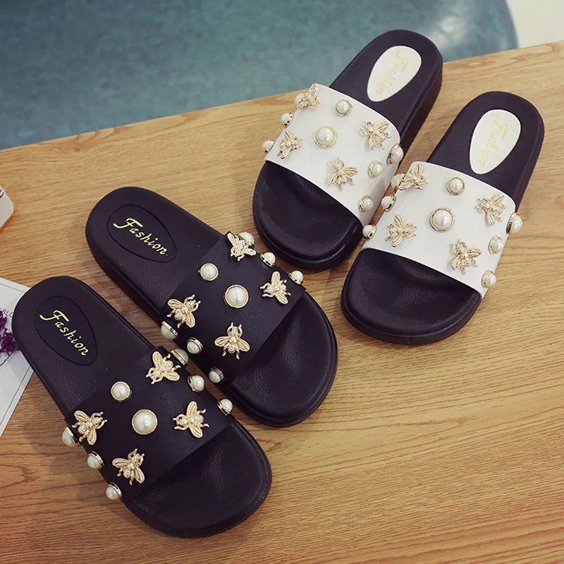 

SWYIVY Flat Slippers Women Summer Shoes Pearl/bee Female Casual Shoes Platform Slippers For Woman Black Slipper Summer 2019