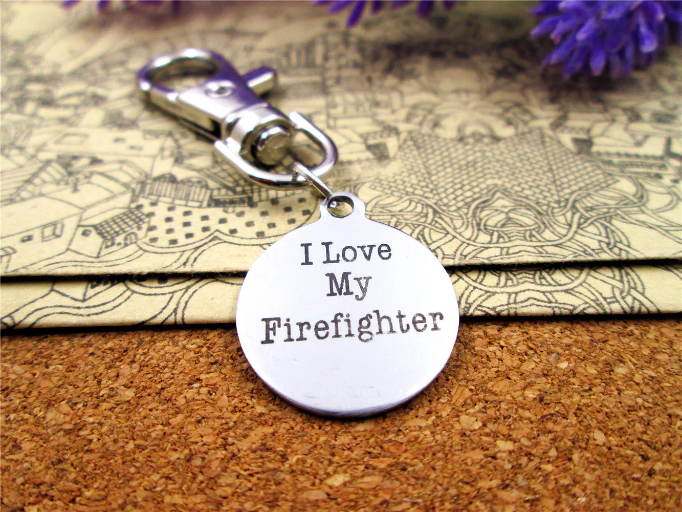 

12pcs/lot high quality keychain with 20mm stainless steel circle round "I love my firefighter" charms keychain