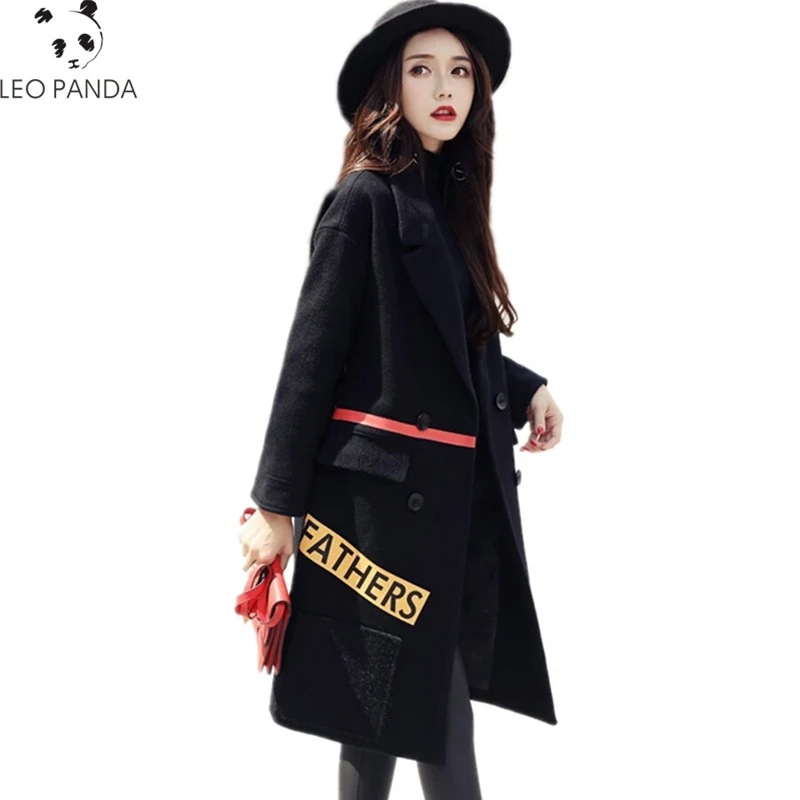 

Woolen Jacket Women Long Section Autumn Winter New The Embroidery Cashmere Student Thin Woolen Coat Plus Size Trench Overcoat CY