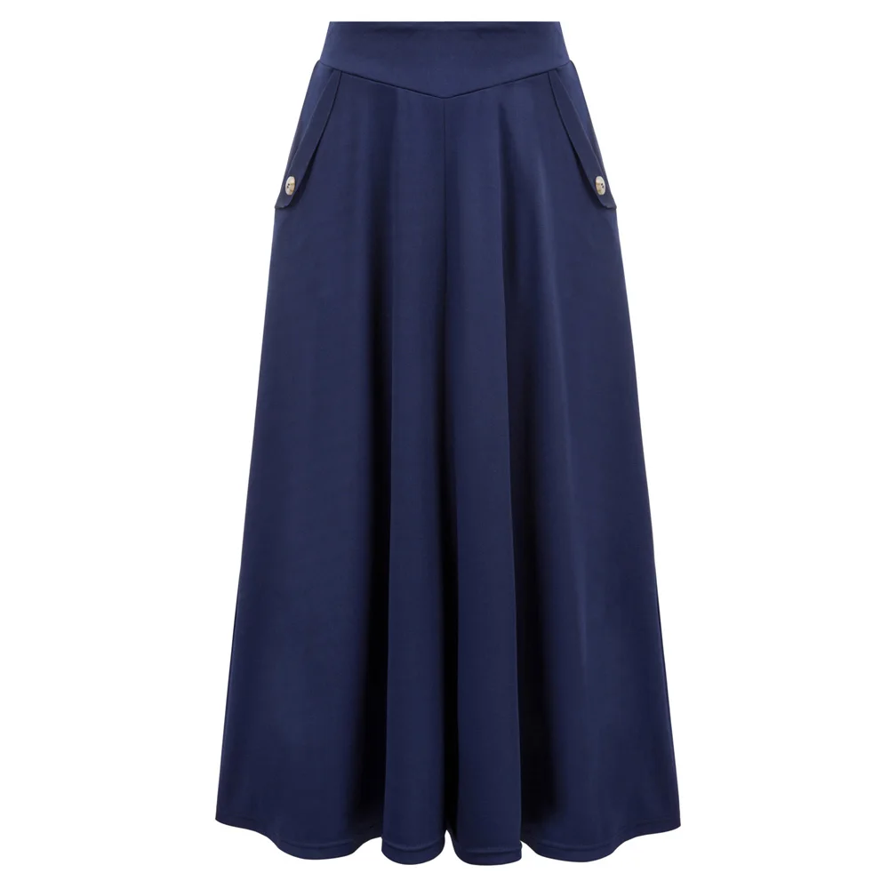 

mid-calf skirt Women Casual Solid Color High Waist Pockets buttons swing elegant retro skater A-Line Skirt vintage skirts lady