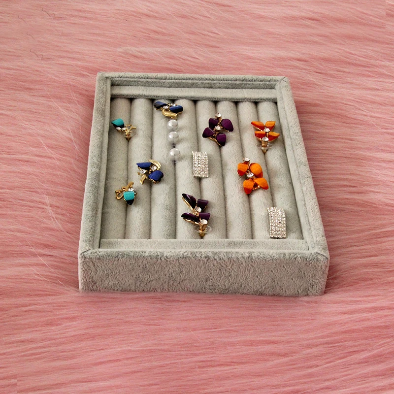 JEWPAC Gray/Black/Rose red Velvet Jewelry Finger Ring Holder Tray Jewelry Display Stand Box For Shop Counter Jewelry Organizer