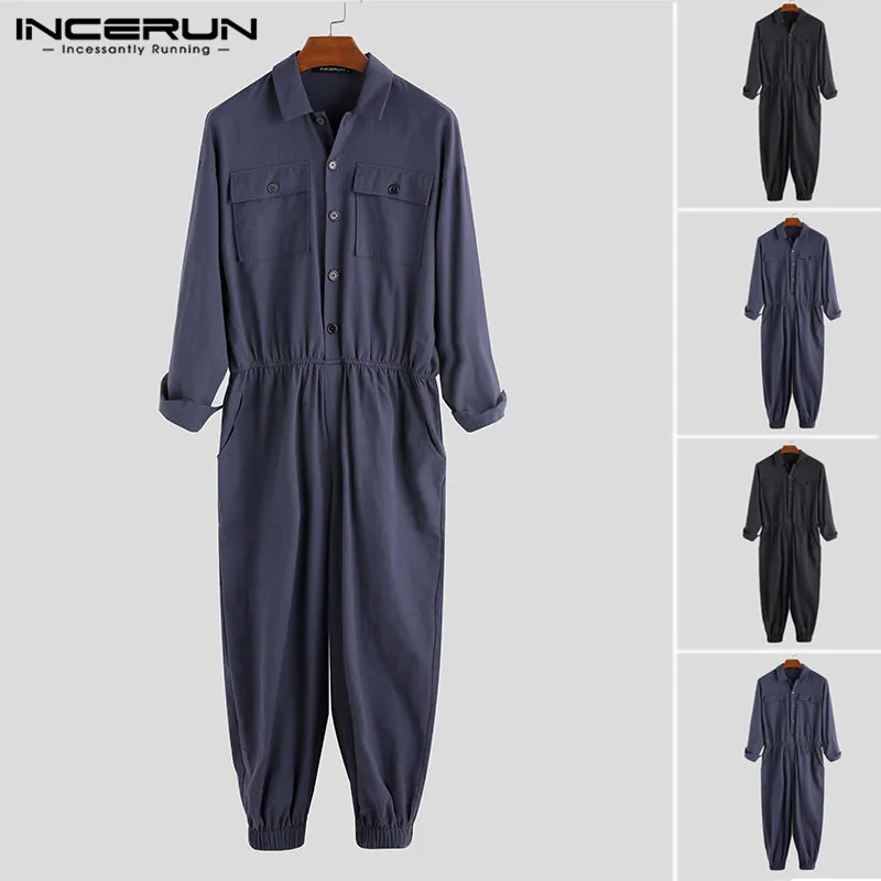 INCERUN Men's Trend Personality Jumpsuit Retro Solid Color Lapel Long Sleeve Tooling Jumpsuit Men Suit New Fashion Tumpsuit