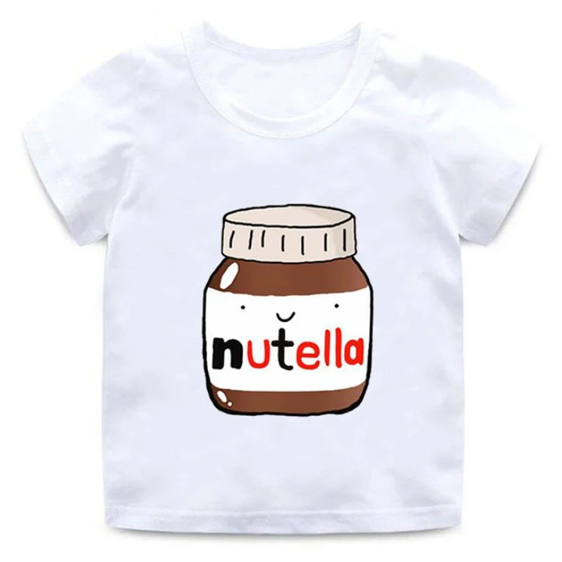 Летняя футболка с принтом Nutella; милые белые топы с круглым вырезом; хлопковая Мягкая футболка с короткими рукавами; модная Милая футболка для мальчиков и девочек