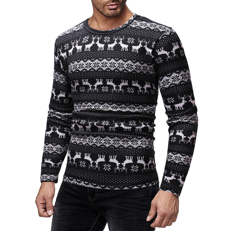 HEFLASHOR Classic Christmas Print Sweater Men Fashion O Neck Long Sleeve Pullover Men Casual Striped Pull Homme Knitted Sweaters