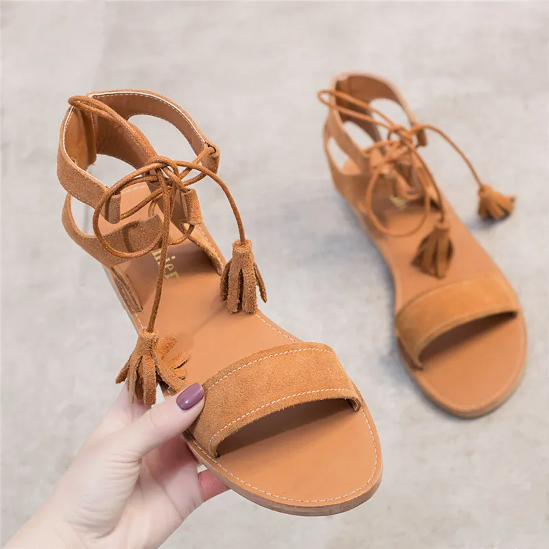 

Women's Sandals Lace up Ankle Strap Genuine Leather Cow Suede Woman Sandals Peep Toe Womans Summer Flat Beach Shoes Gladiator