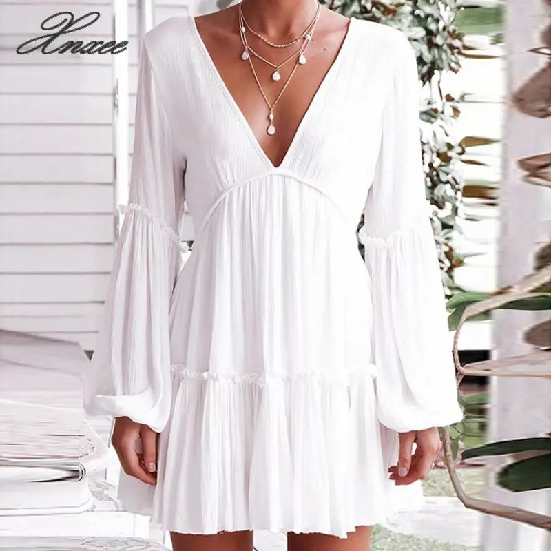 

2019 Summer Pleated Short Dress Formal Flared Sundress V-Neck Women's Long Sleeve Casual Beach Party Dress