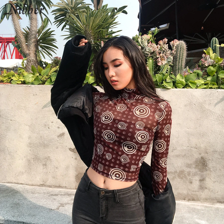 

Nibber fashion print long Sleeve Crop Top women's summer Casual T-shirt 2019 new lady Soft Mesh Fabric tops o-neck fit tees