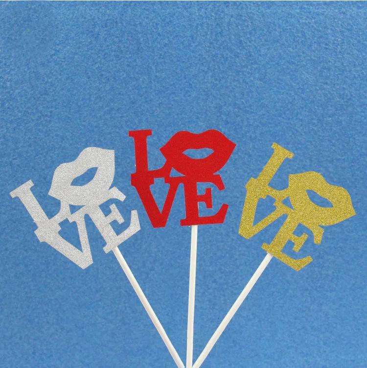 Cake Toppers Glitter Letter Love Cake Topper Lips Happy Birthday Cupake Flags Wedding Valentine DIY Decor Supplies Kids Patty