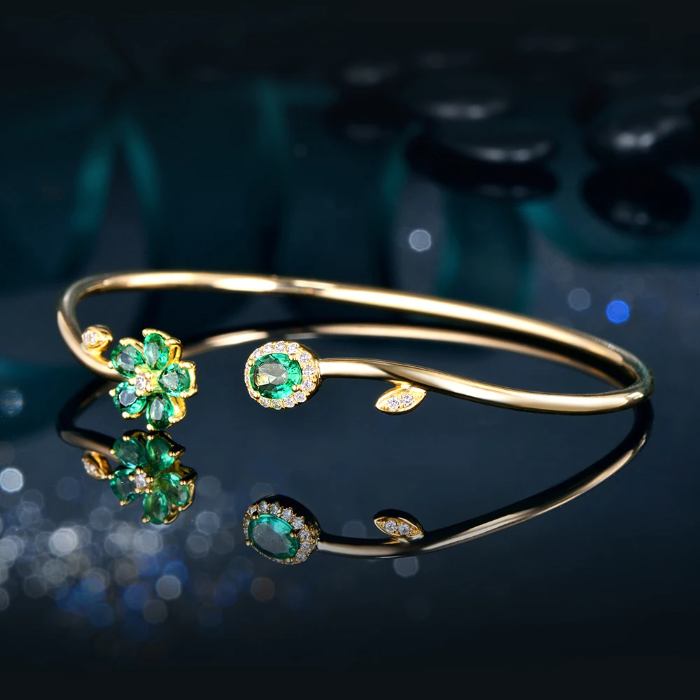 Caimao Jewelry 0.94ctw Natural Emerald Pave Diamond 18K Yellow Gold Gemstone Bracelet
