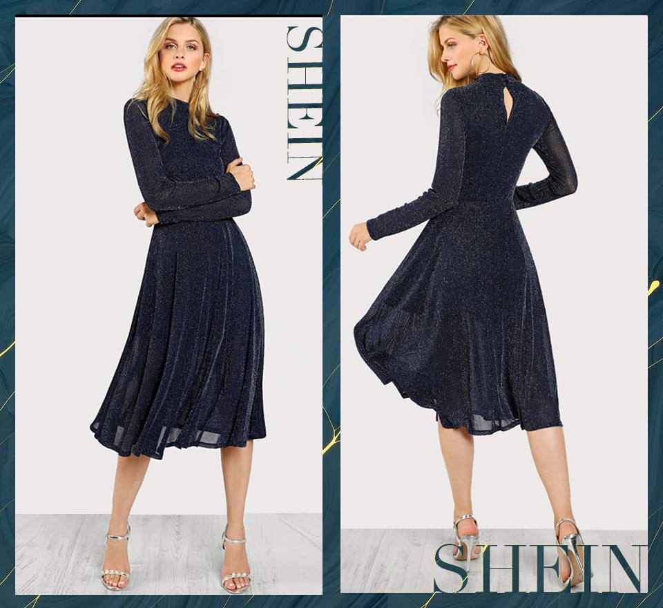 SHEIN Элегантное Платье С Блестками И Длинным Рукавом, Демисезонное Длинное Миди Платье