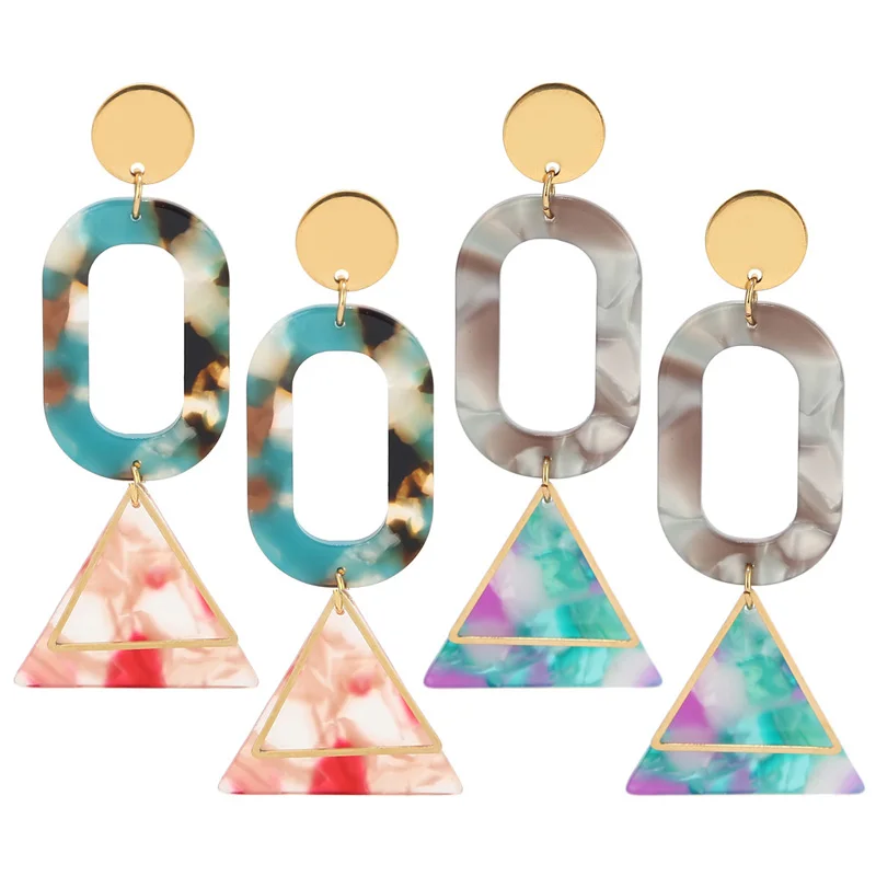 

New Acrylic Geometry Drop Earring Oval stainless steel Vintage Resin Trendy triangle Dangle Earring 2018 Statement Jewelry