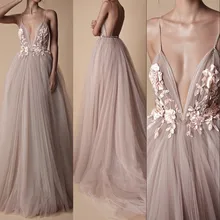 Sexy Tulle Long Evening Dress 2020 New Arrival Backless Court Train Flowers Blush A Line Special Occasion Prom Gowns Custom Made
