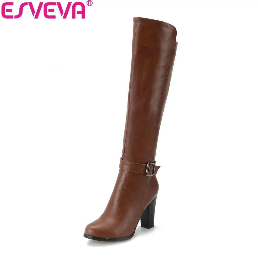 ESVEVA 2019 Women Winter Boots Shoes Zip Knee High Boots PU Buckle Square High Heels Round Toe Autumn Shoes Woman Size 34-43 цена ESVEVA 2019 Women Winter Boots Shoes Zip Knee High Boots PU Buckle Square High Heels Round Toe Autumn Shoes Woman Size 34-43 цены онлайн