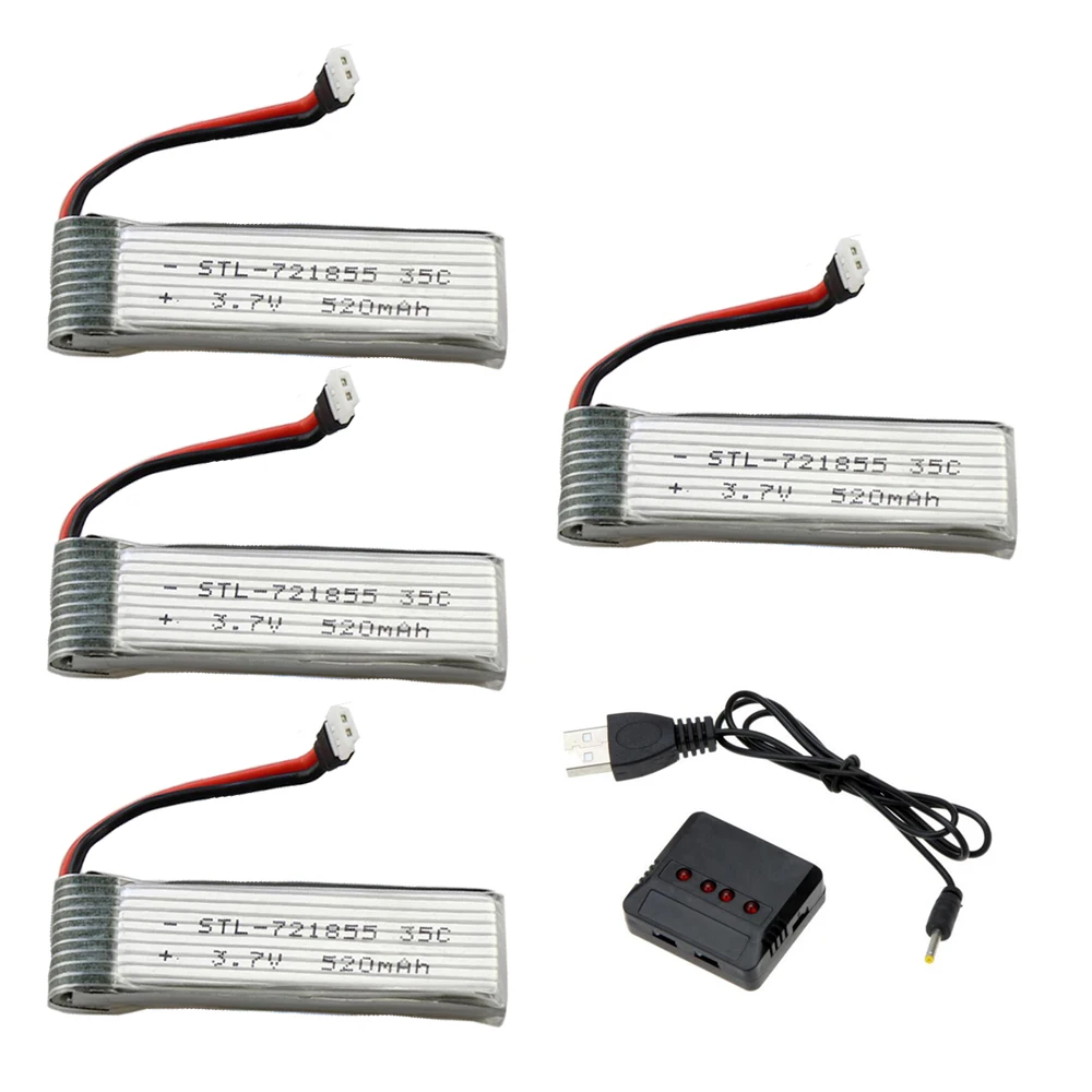 

4pcs/lot 3.7V 520mah 35C 1S VOLT 40C Lipo Battery Akku + X4 Charger For WLtoys V977 XK-K RC Quadcopter