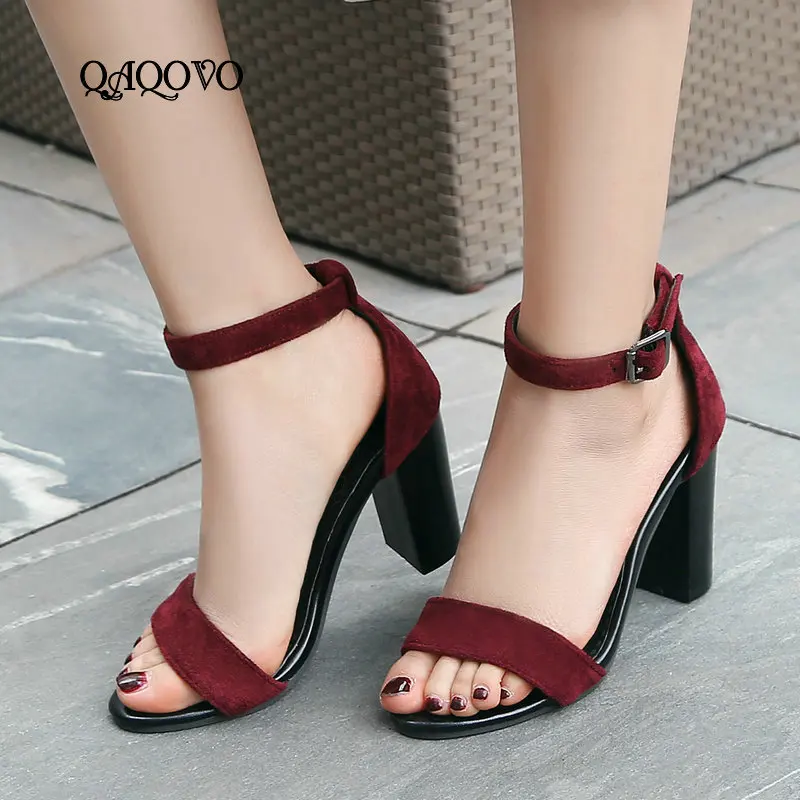 

2019 Summer Women Shoes Ankle Strap High Heels Sandals Flock Square High Heel Ladies Shoes Open Toe Flexible Buckle Dress Shoes