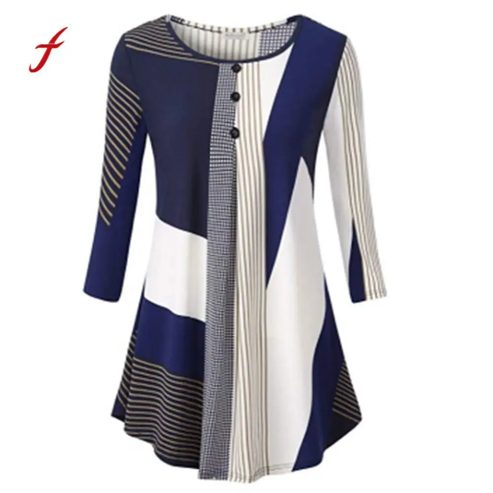 

womens tops and blouses Round Collar Floral Irregular Streak Loose Long Sleeve Blouse Tunic Shirt Jumper Top Blusas Femininas