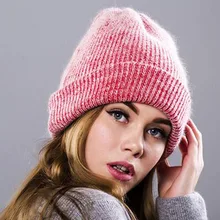 Осенне-зимняя вязаная шапка из кроличьей шерсти, модные теплые шапки-бини, повседневная женская однотонная вязаная шапка для взрослых