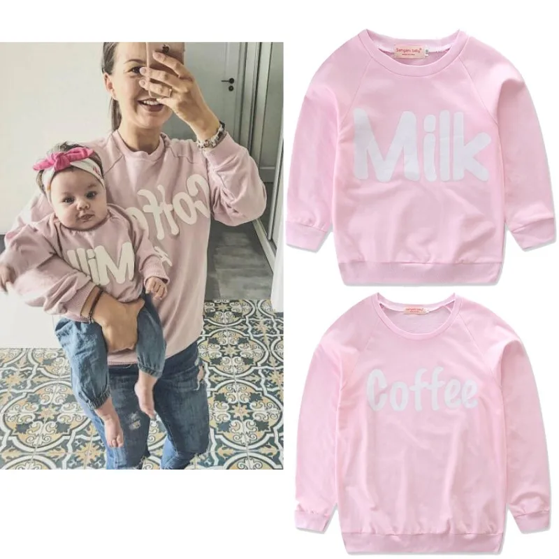 

2018 autumn milk print mother and daughter sweaters clothes women coffee print sweatshirts pink jacket family Cardigan