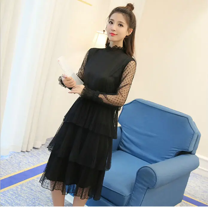 Popular New Fashion Korean Vintage Multilayer Pleated Mesh Dress High Waist Ruffles Long Sleeve Casual Midi Dress Women Dress 12
