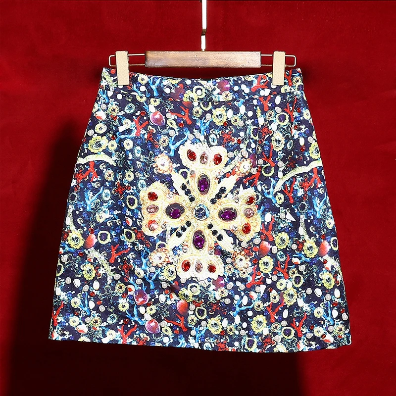 

Red RoosaRosee Summer Runway Designer High Quality 2019 Women Colourful Diamonds Vintage Print Mini Skirt Short Jacquard Skirts