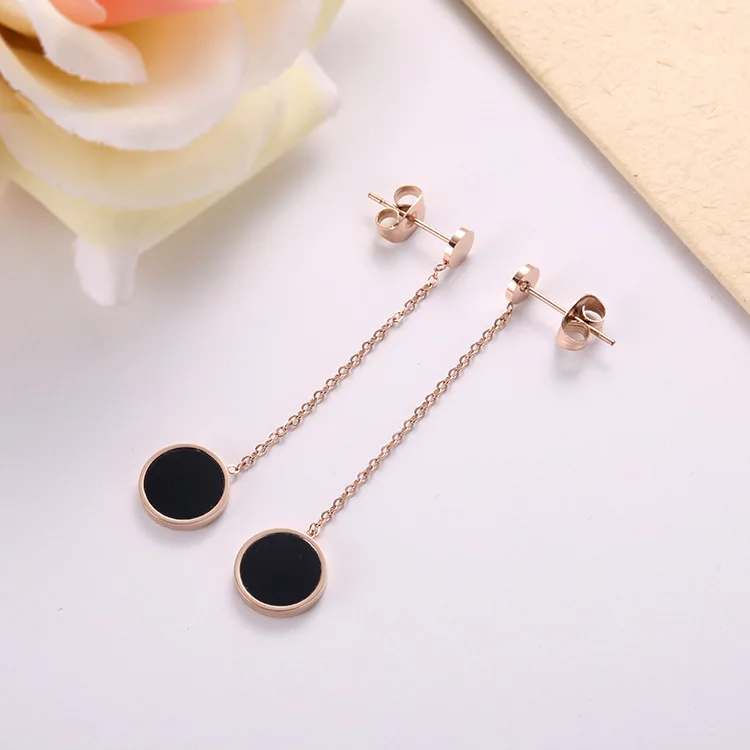 

New Design Trendy Round Black Shell Tag Tassel Earrings For Women Titanium Steel Rose Gold Couple Wedding Earrings Jewelry BX006