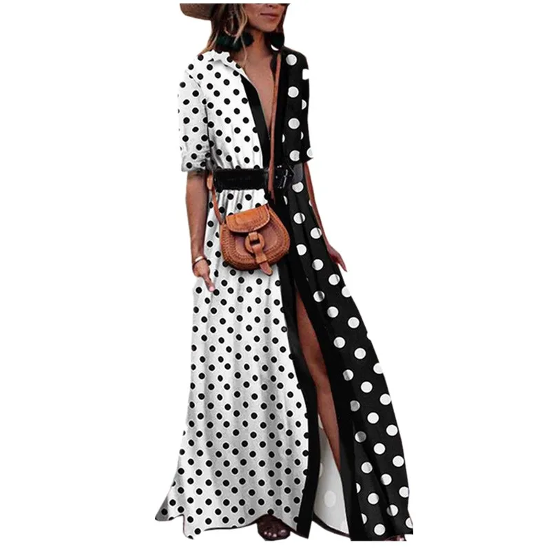 

Women Autumn Long Dress V Neck Polka Dot Striped Patchwork Split Vintage Dresses Half Length Sleeve Dress Female Vestido