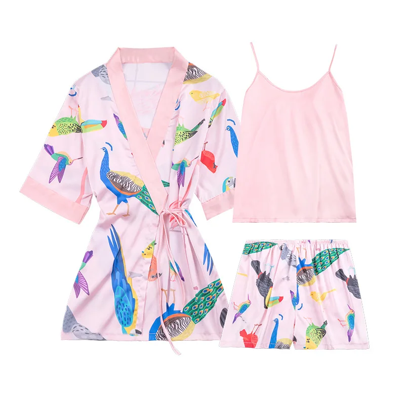 

Silk Pajamas For Ladies Spring And Summer Tops With Shorts Robe Three-piece Set Home Clothes For 2019 Women Night Set