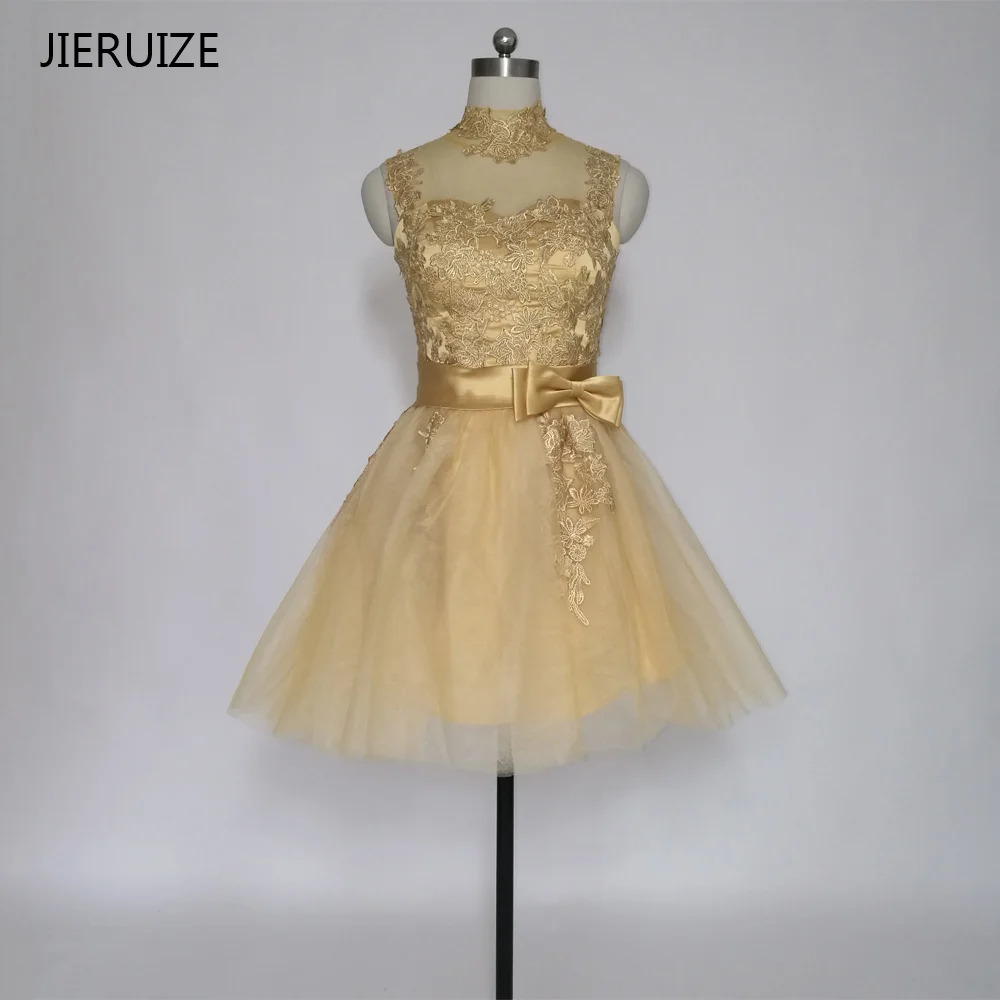 JIERUIZE, золотые кружевные аппликации, Короткие коктейльные платья, высокая горловина, дешевые короткие платья для выпускного вечера