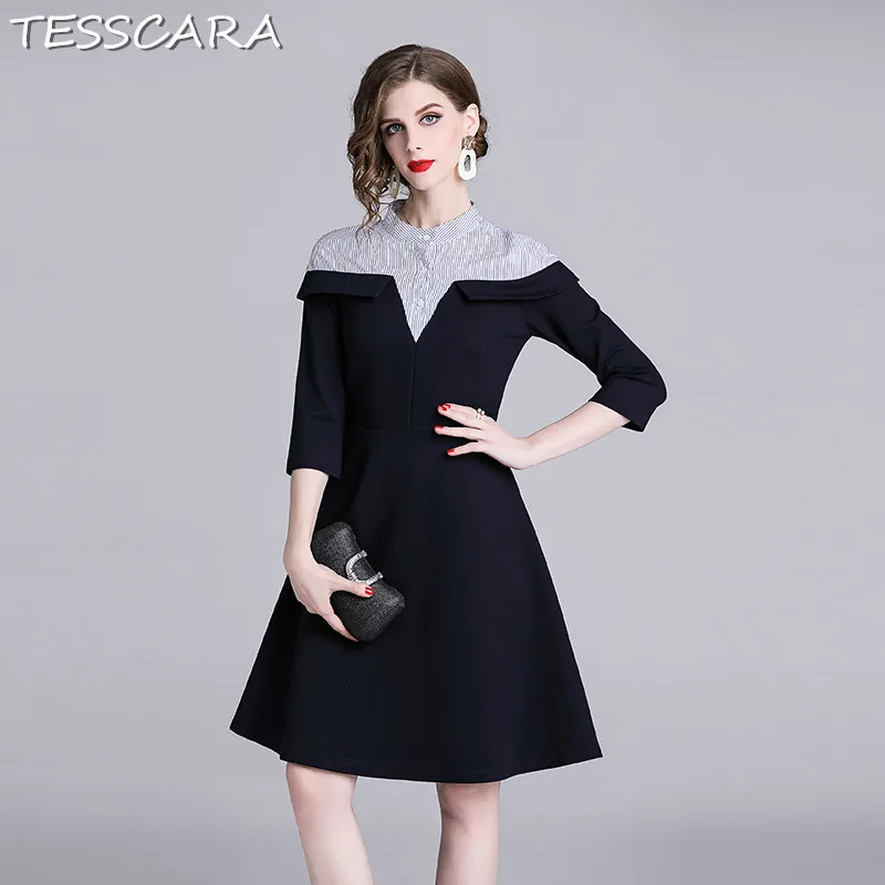 Navy TESSCARA Для женщин Весенняя элегантная деловая модельная одежда рубашка Festa женские Высокое качество Винтаж дизайнер Vestidos Повседневное Платье трапециевидного силуэта Femme - Цвет: Navy