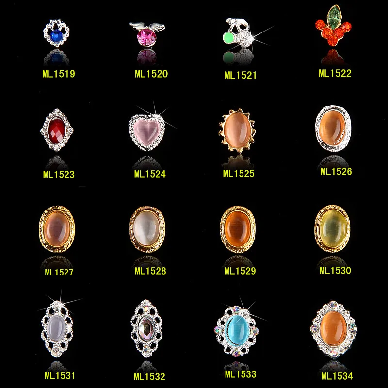 

100Pcs 3D New Gold Metal Nail Charms Oval Gem Stone Alloy Nail Art Supplies 16designs Women Make Up Nails Tip Tools 1519-1534