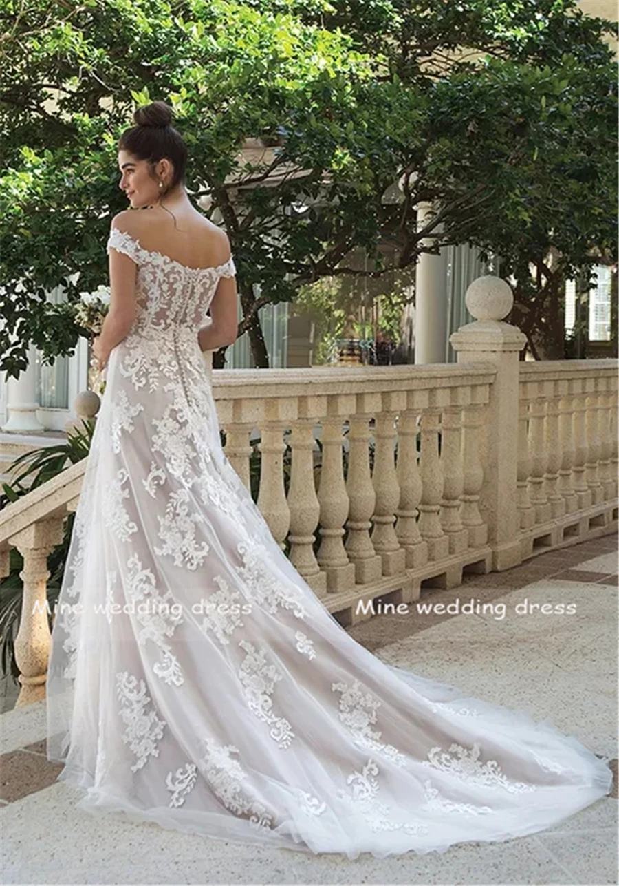 Off-the-Shoulder-A-Line-Wedding-Gown-Champagne-with-Iovry-Lace-Applique-Button-Back-Bridal-Gowns (2)
