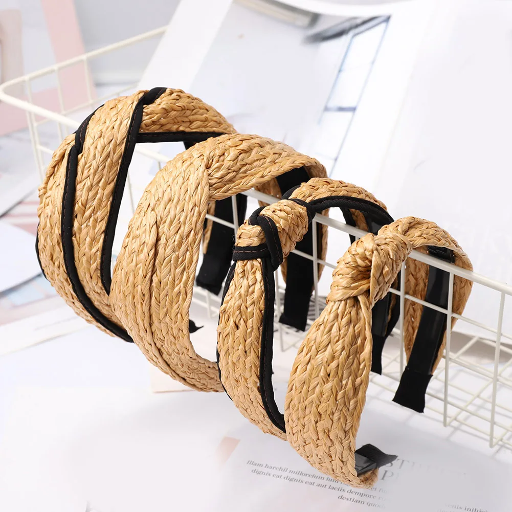 

Bohemian Summer Straw Weaving Top Knotted Headband Cross Handmade Wide Hair Hoop Women Girls Elastic Hair Bands Hair Accessories