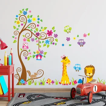 

Cartoon Forest animal Giraffe lion Owl wall stickers Vinyl DIY Flower tree animal wall decals For Kids room Bedroom Decor murals
