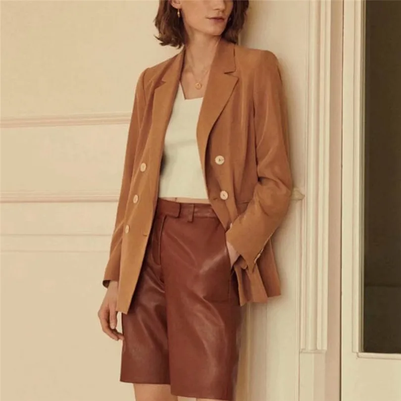 Женский шикарный блейзер цвета хаки с карманами, двубортный пиджак с длинным рукавом для офиса, Женская Повседневная Верхняя одежда
