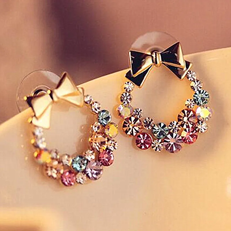 

Fashion Imitation Colorful Rhinestone Bow Earrings Vintage Jewelry Stud Earring For Women 4CED01