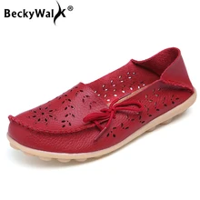 BeckyWalk 21 Color Summer Shoes Women Genuine Leather Cut Outs Women Flats Big Size Ladies Loafers Slip On Shoes Woman WSH2671
