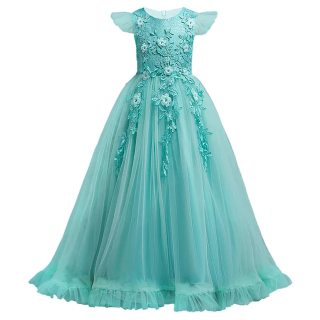 Кружевное длинное свадебное платье для девочек-подростков 4-15 лет; элегантное праздничное платье принцессы; рождественское торжественное платье без рукавов для маленьких девочек - Цвет: Green