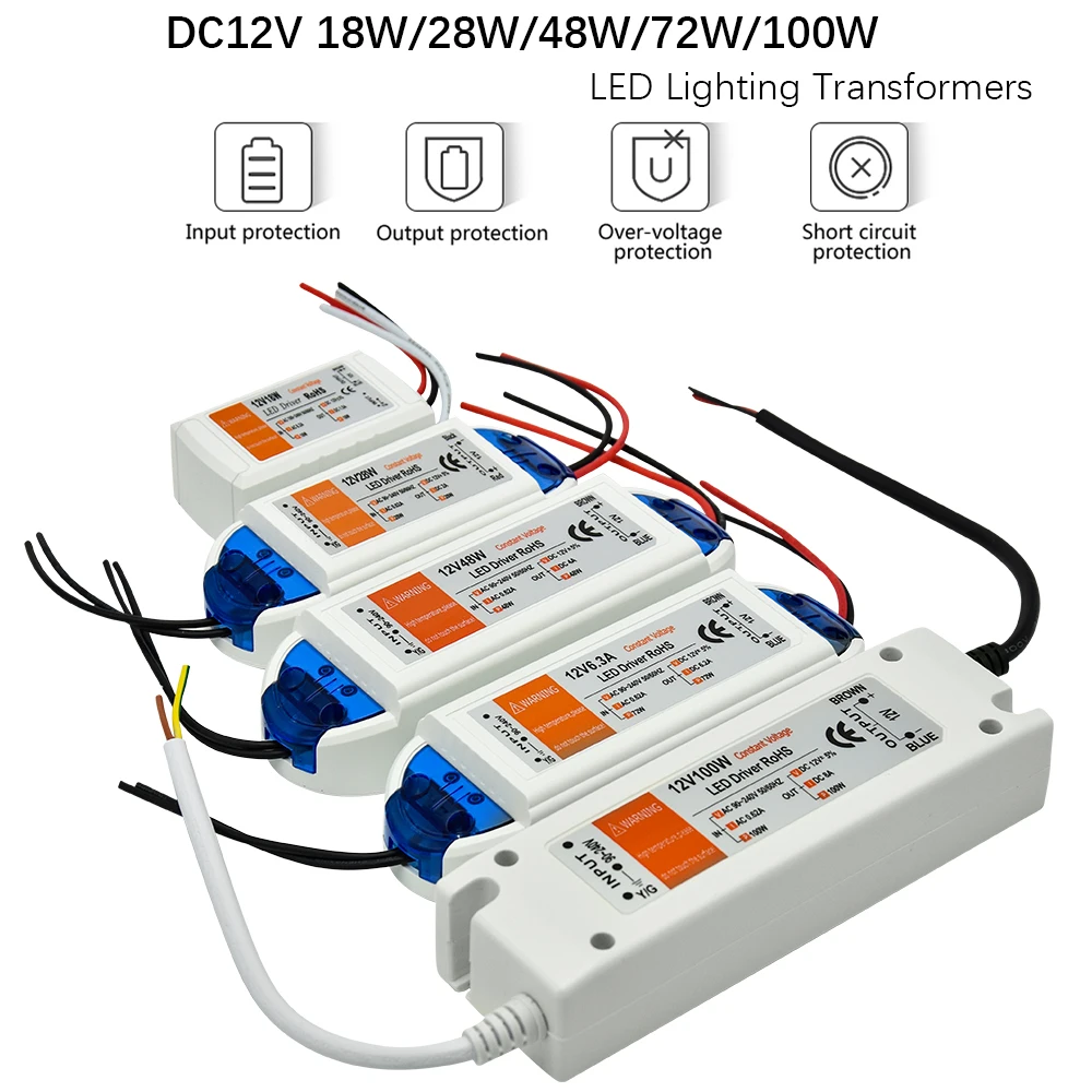 1 шт. DC12V Питание светодиодный драйвер 18 Вт/28 Вт/48 Вт/72 Вт/100 W адаптер Освещение трансформаторный блок для Светодиодные ленты потолочный светильник