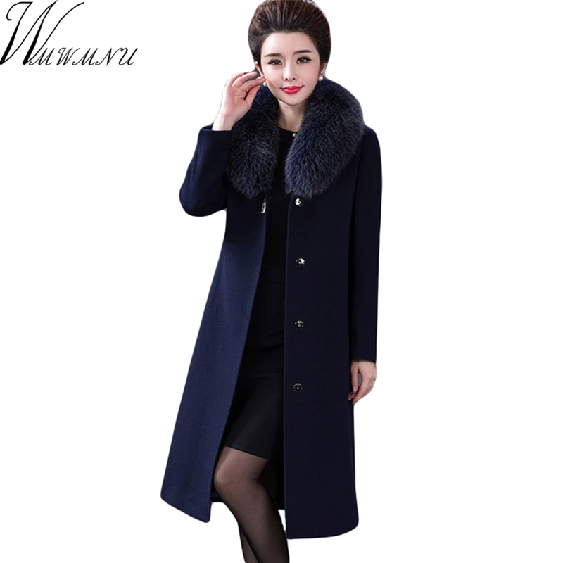 

2018 autumn winter Brand Trench Coat Women Long jackets Femme fake fur collar Windbreaker Wool Coats Plus Size 4XL High-quality