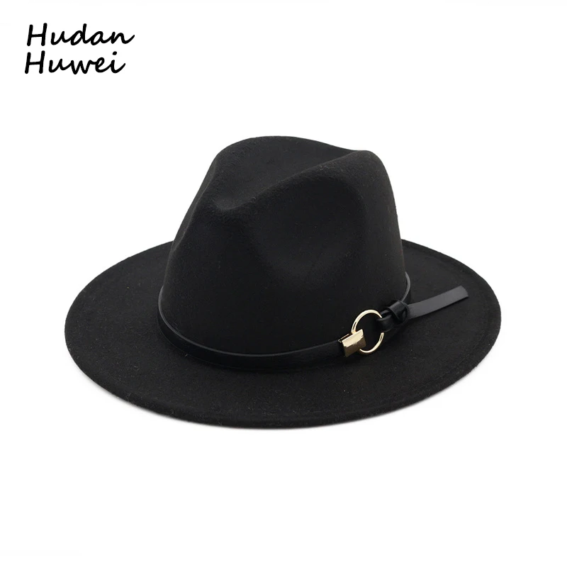 

Autumn Winter wool felt hat flat brim jazz Fedoras hats with leather band panama Trilby chapeau headgear for men women unisex