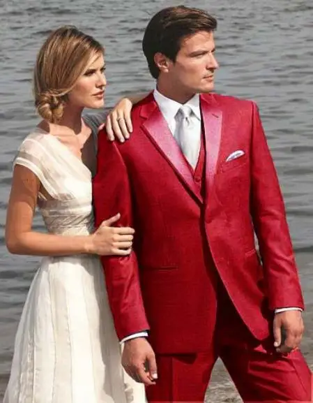 

Custom red wedding groom dress groomsman lapel / dinner / party dress best men and women three-piece suit jacket + pants + tie